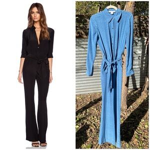 DVF 100% Silk Lori Belted Jumpsuit Sky Blue